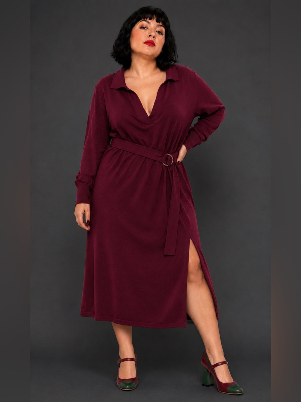 Maia knit lightweight sweater dress- burgundy/ cranberry red, V-neck- 2X